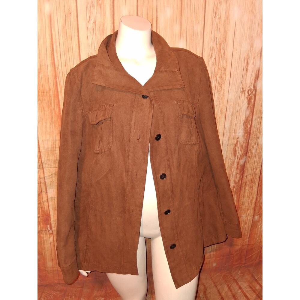 Additions By Chicos Brown Faux Suede Long Sleeve Button Up Jacket Sz 2 (L)